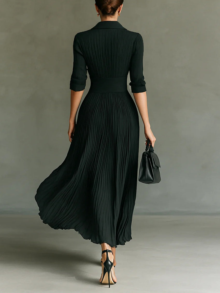 Elvire | Long Pleated Dress with Notch Lapel and High Waist