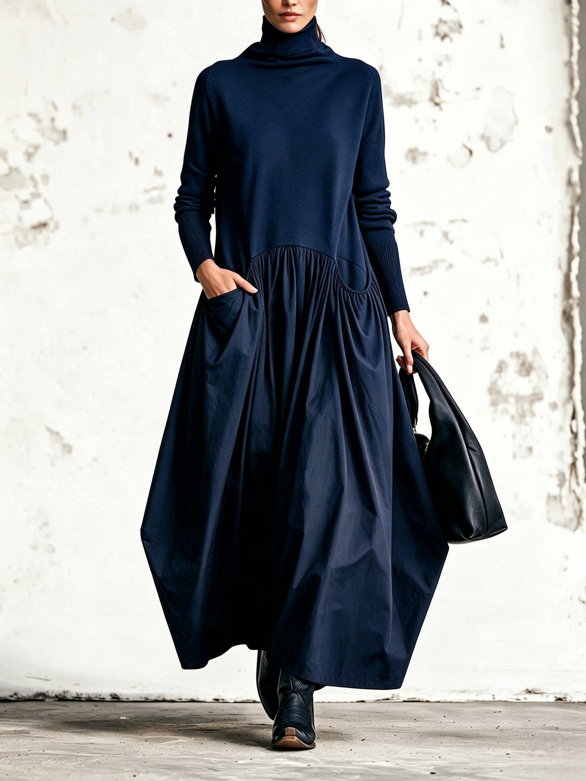 EVELYN | High-Neck Oversized Maxi Dress with Gathered Skirt