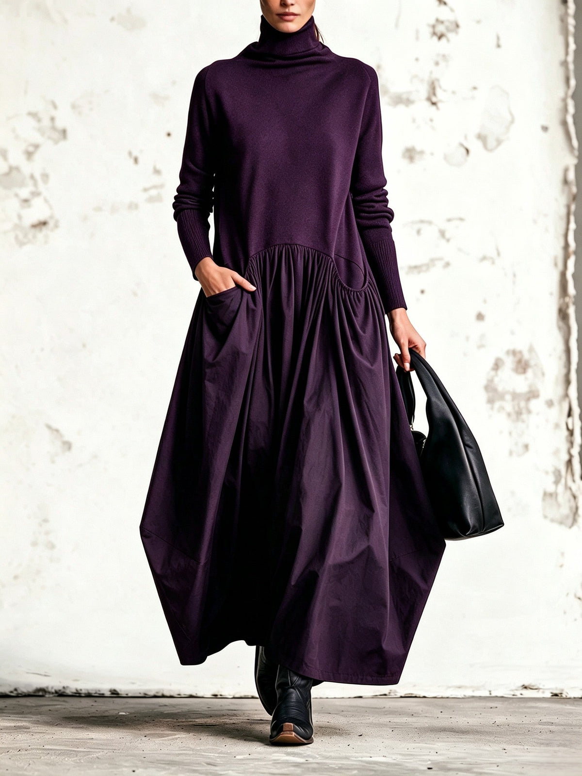 EVELYN | High-Neck Oversized Maxi Dress with Gathered Skirt