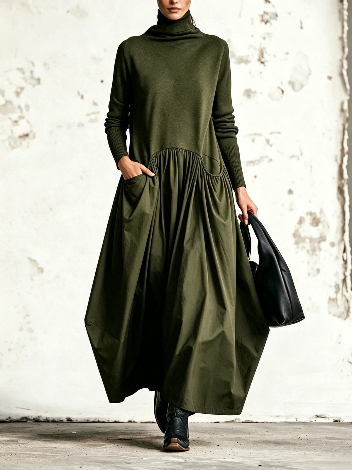 EVELYN | High-Neck Oversized Maxi Dress with Gathered Skirt