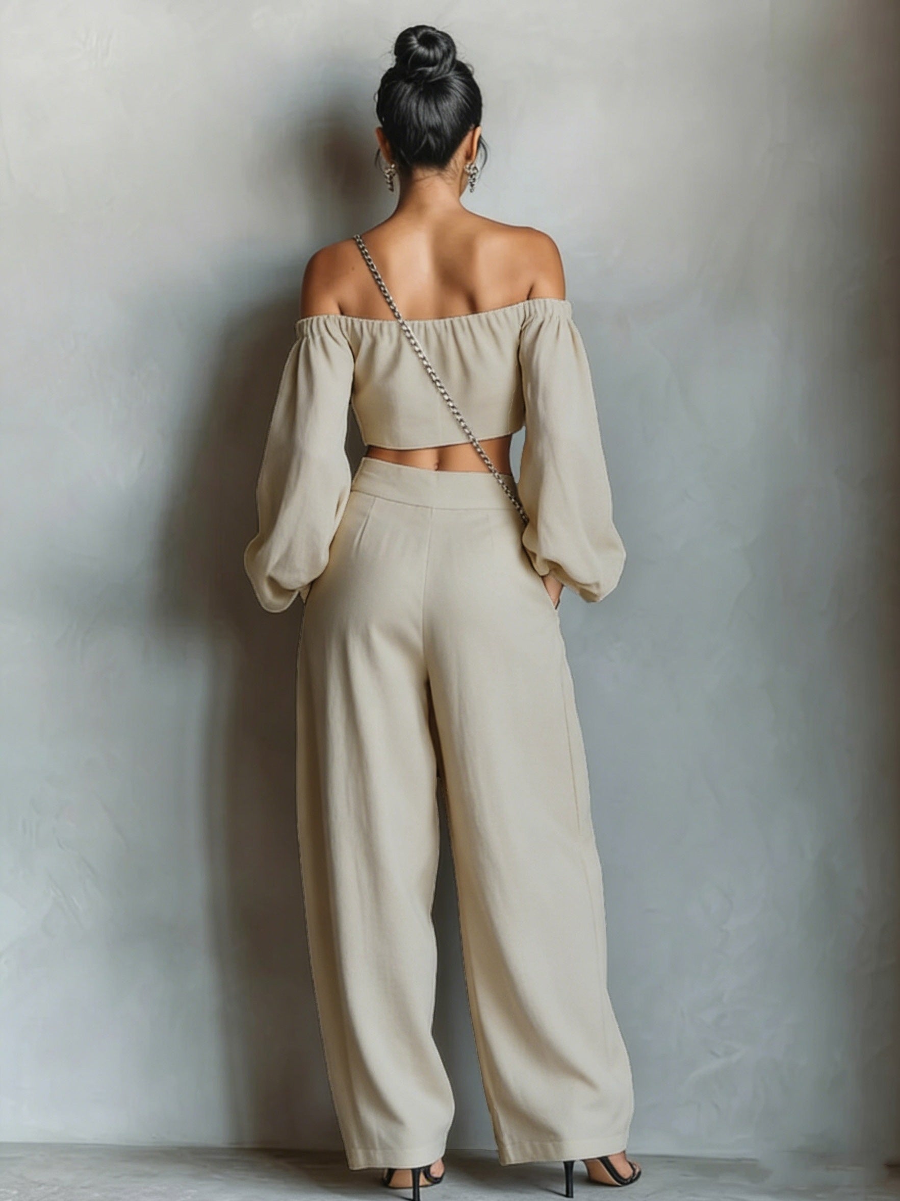 Tiana || Off-shoulder neckline outfit with wide pants
