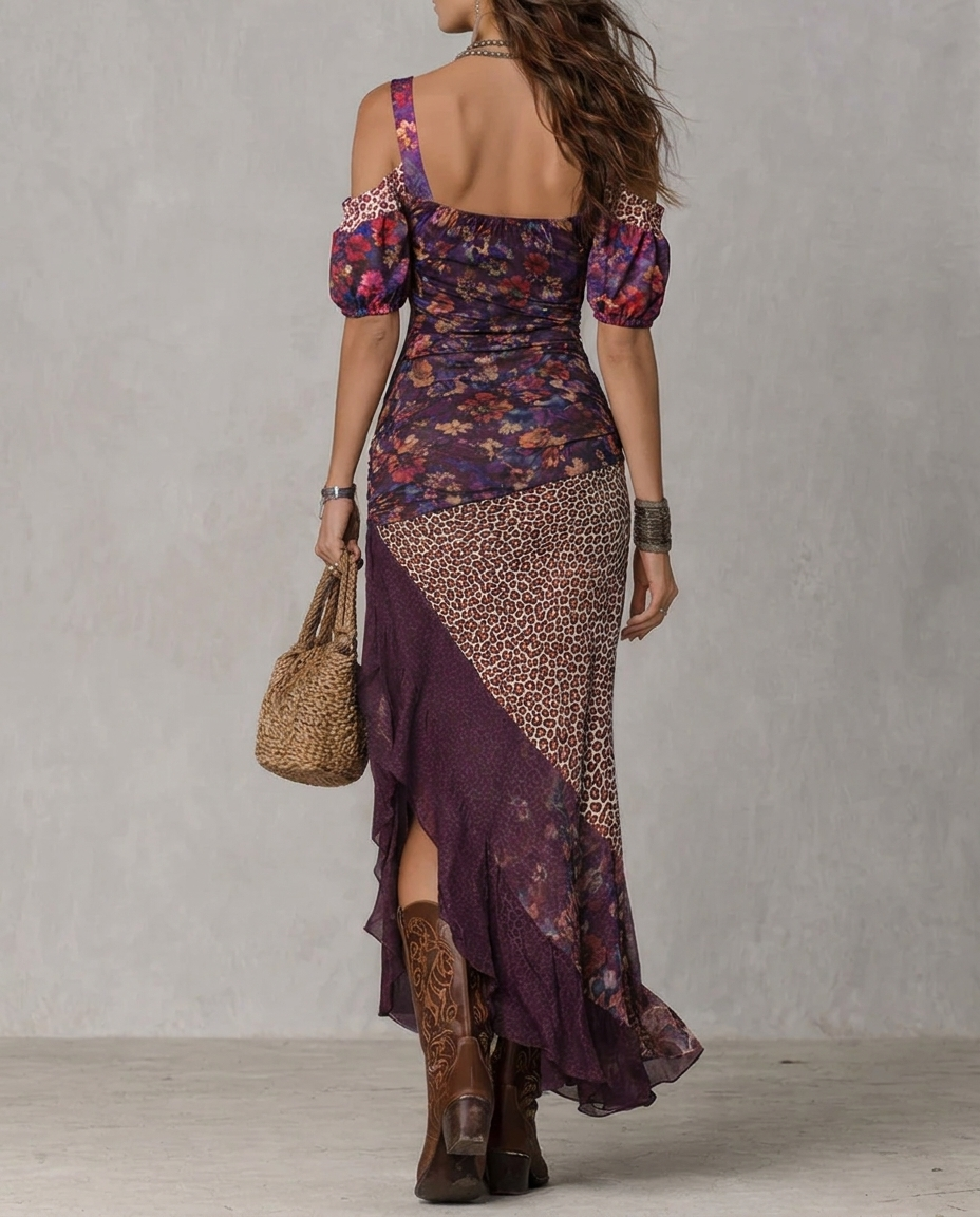 Purple Urban Nomadic Leopard Print Floral High-slit Maxi Dress