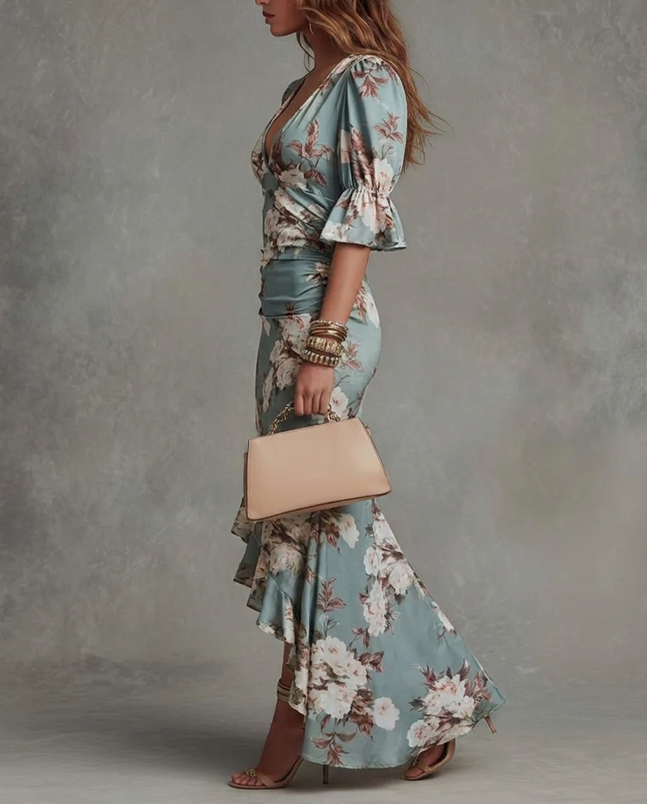 Green Floral Ruffled Bell Sleeve V-neck Satin Asymmetrical Maxi Dress