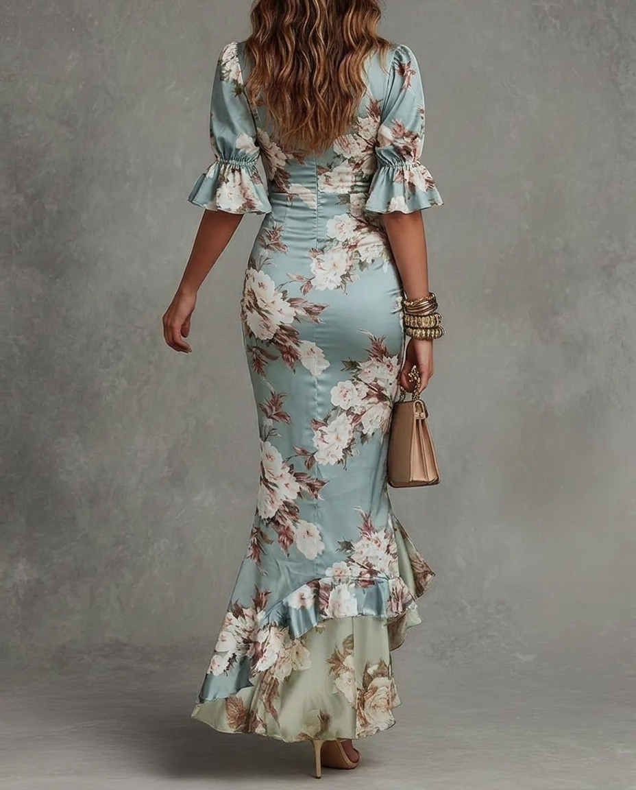 Green Floral Ruffled Bell Sleeve V-neck Satin Asymmetrical Maxi Dress