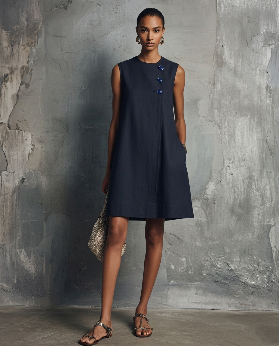 AUBREY | Round Neck Mini Dress with Asymmetric Buttons