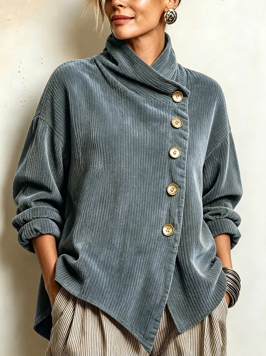 Marlowe | Wrap-Collar Top with Diagonal Button Detail