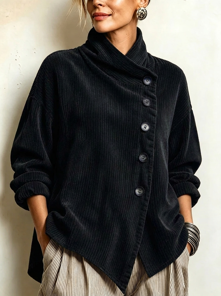 Everly | Wrap-Collar Top with Diagonal Button Detail