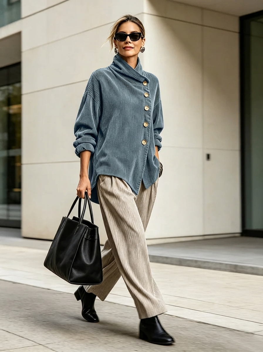 Marlowe | Wrap-Collar Top with Diagonal Button Detail