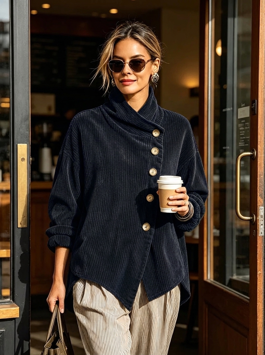 Everly | Wrap-Collar Top with Diagonal Button Detail