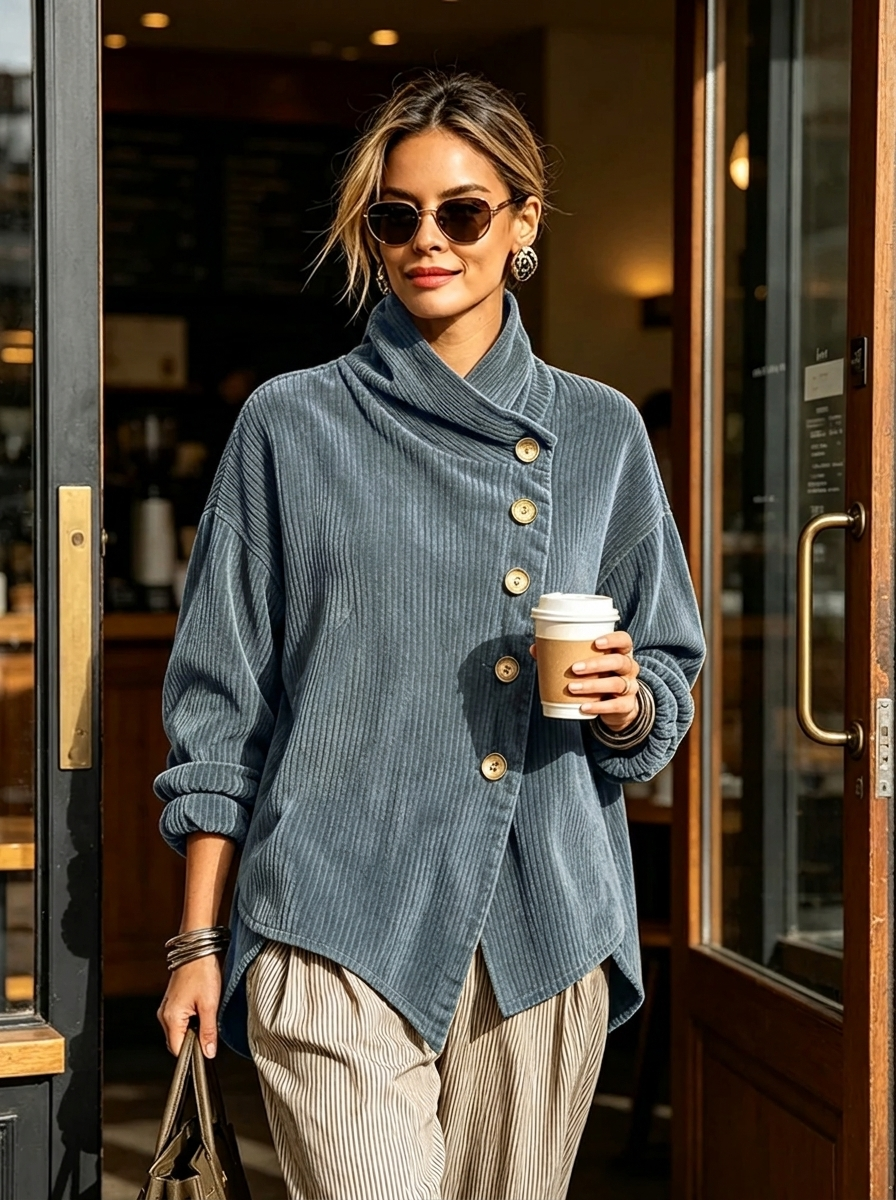 Marlowe | Wrap-Collar Top with Diagonal Button Detail