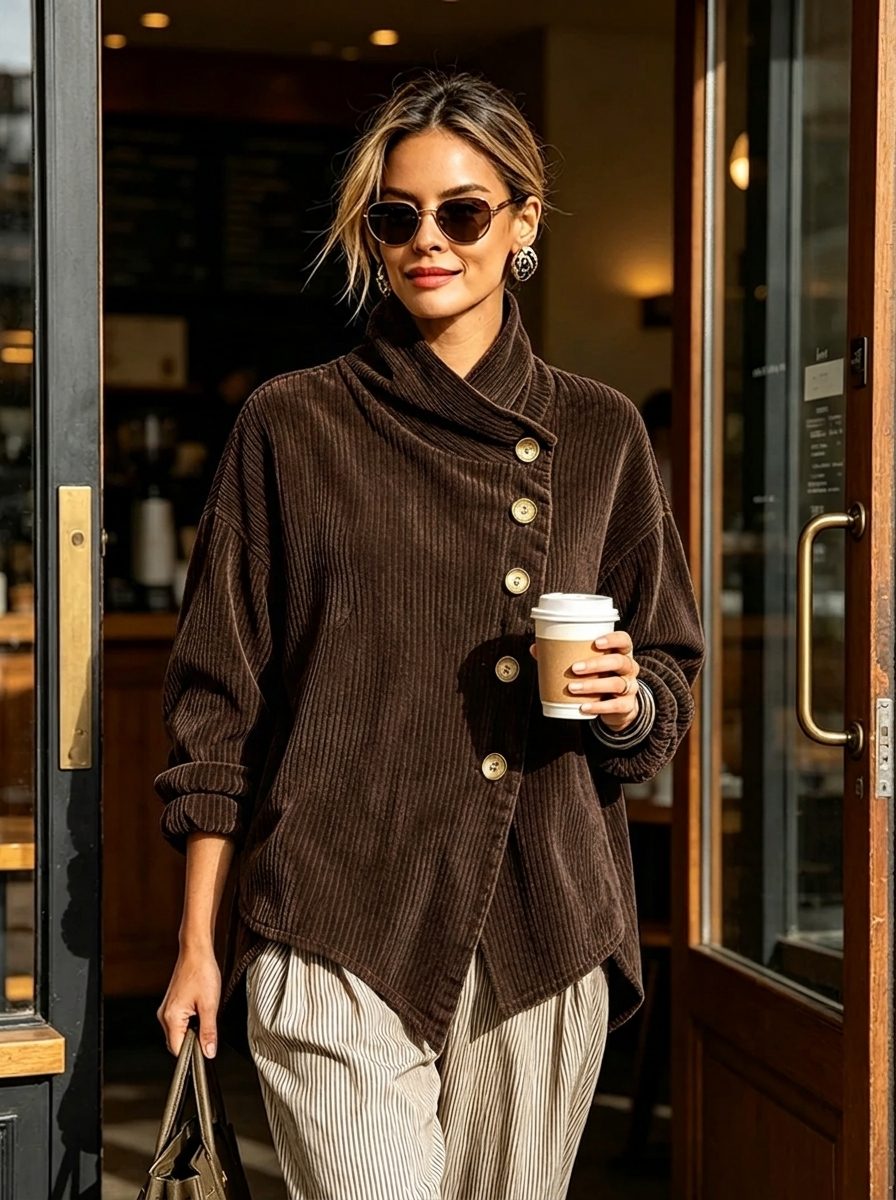 Delphine | Wrap-Collar Top with Diagonal Button Detail