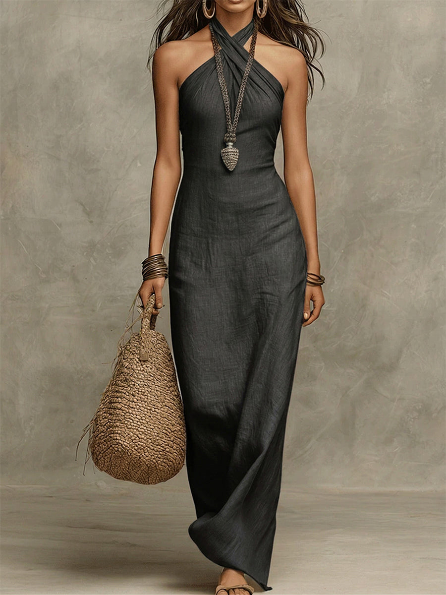 Adelina | Long Voluminous Dress in Cotton and Linen, American Collar