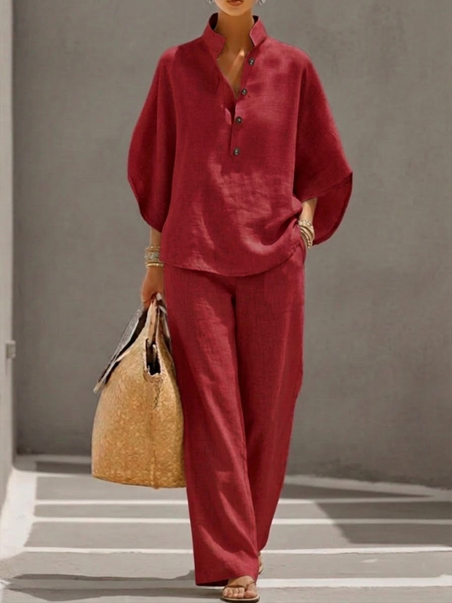 Eszter™ | Cotton and Canvas Set with Batwing Sleeves and Wide-Leg Pants