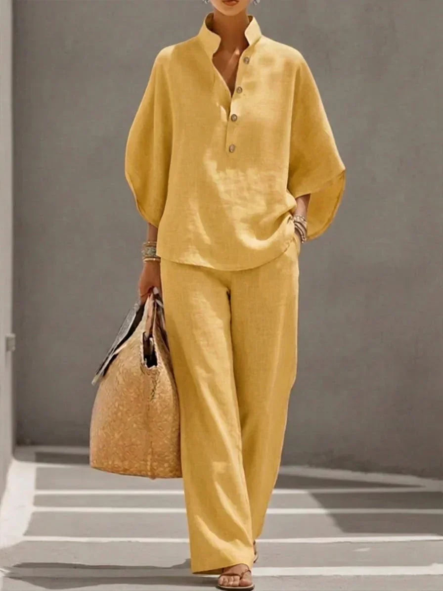 Maribel™ | Linen Set with Batwing Sleeves and Wide Pants