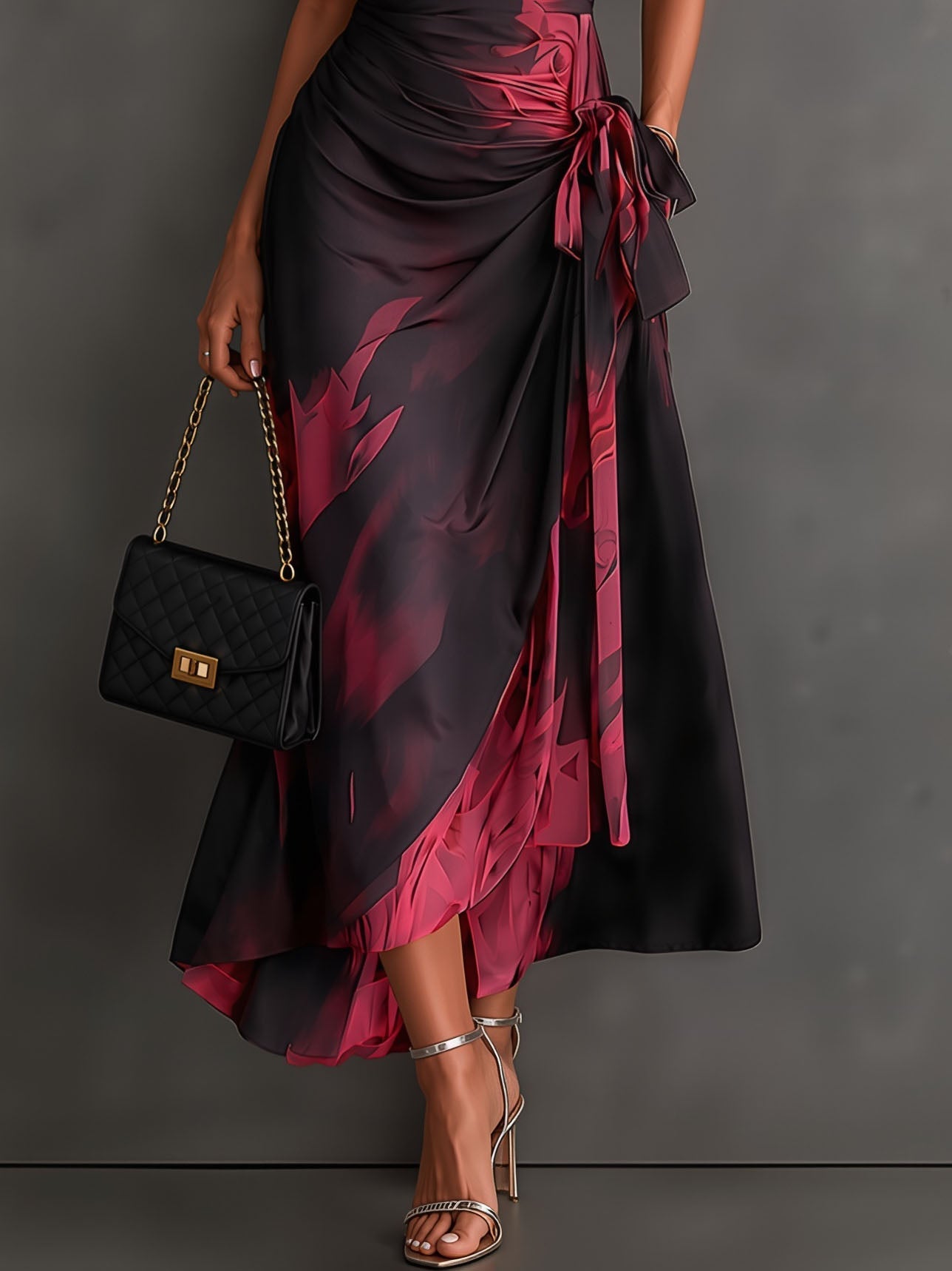 HARPER | Abstract Print Wrap Midi Dress with Tie-Waist Detail