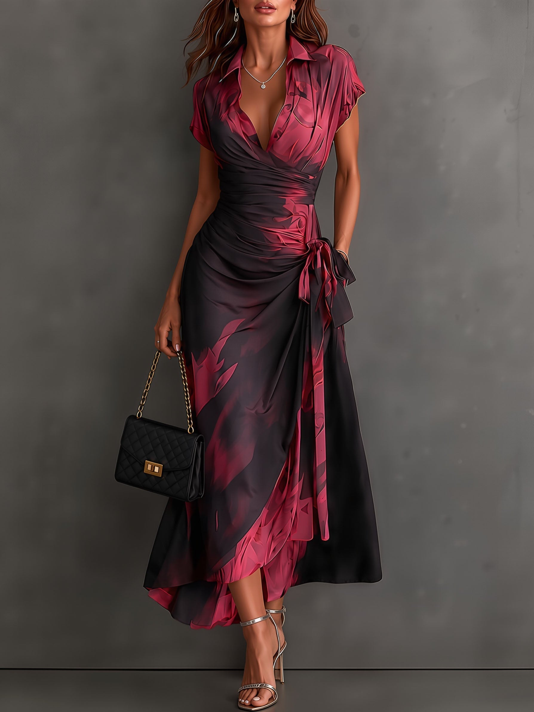 HARPER | Abstract Print Wrap Midi Dress with Tie-Waist Detail