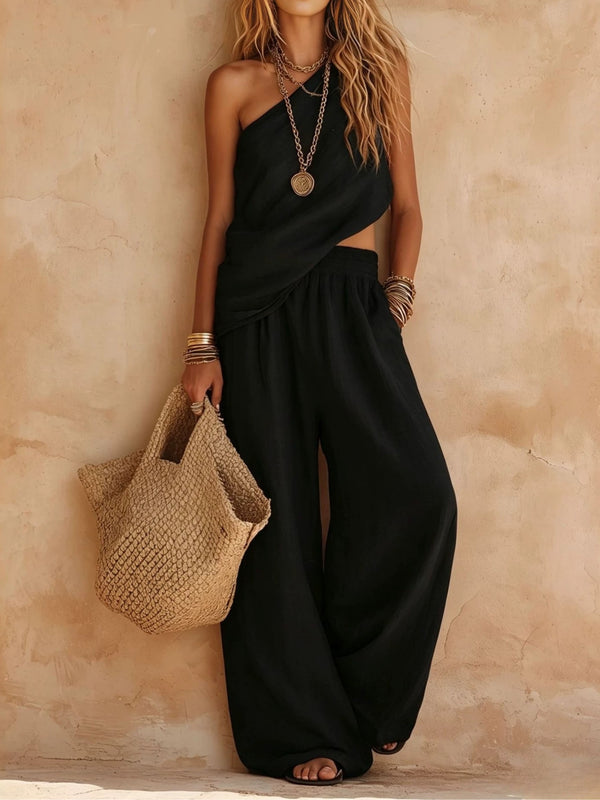 Complete Casual Pink Sleeveless One-Shoulder Top and Pants