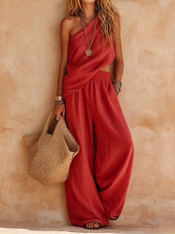 Complete Casual Pink Sleeveless One-Shoulder Top and Pants