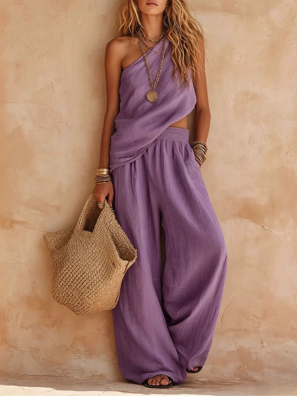 Complete Casual Pink Sleeveless One-Shoulder Top and Pants